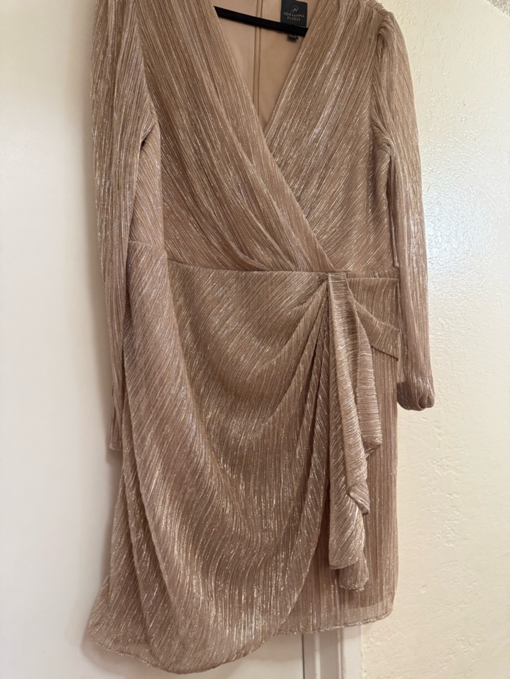Adrianna Papell Metallic Blush Wrap-Style Long Sleeve Dress - Picture 2 of 6